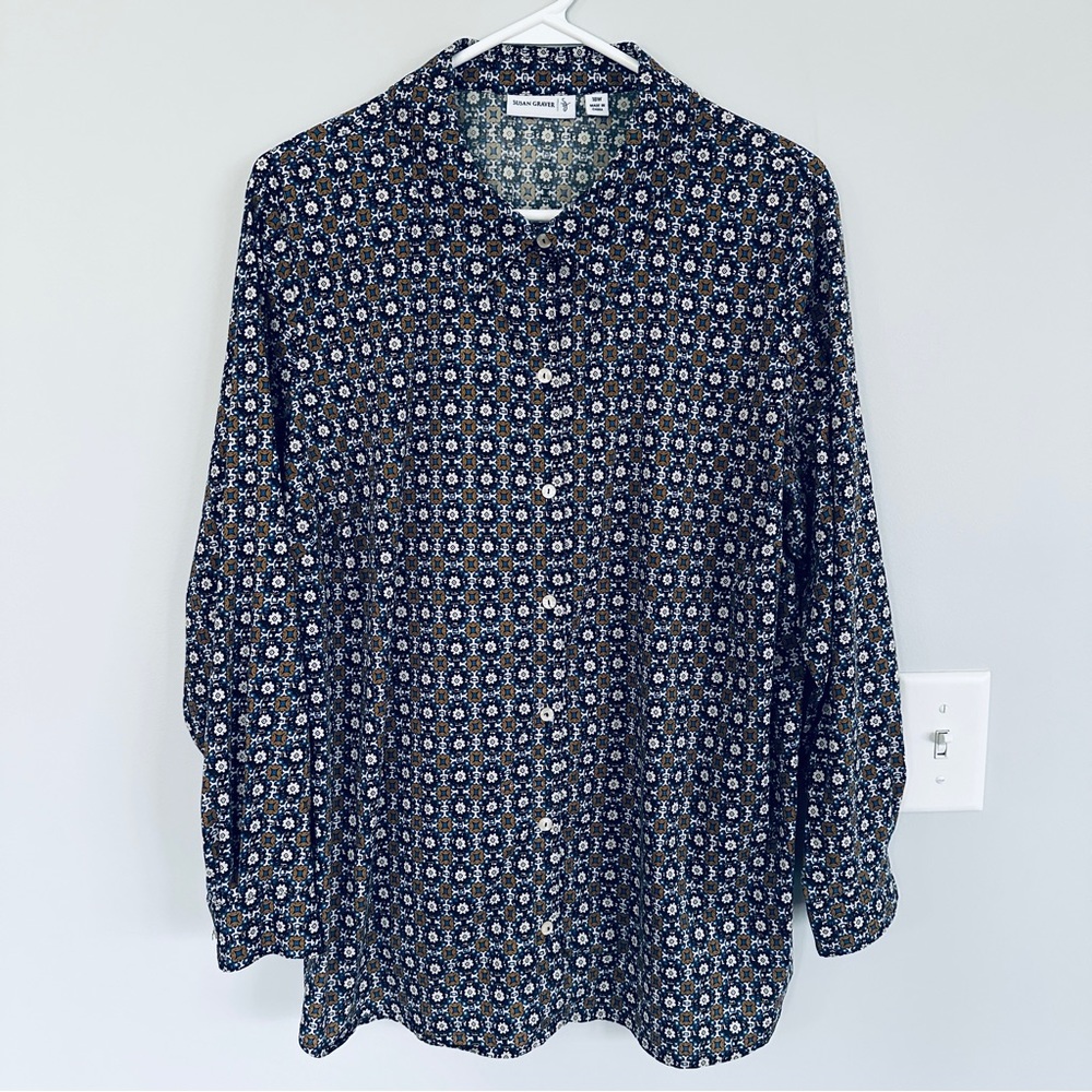 Susan Graver Black and Brown Long Sleeve Button Down Shirt